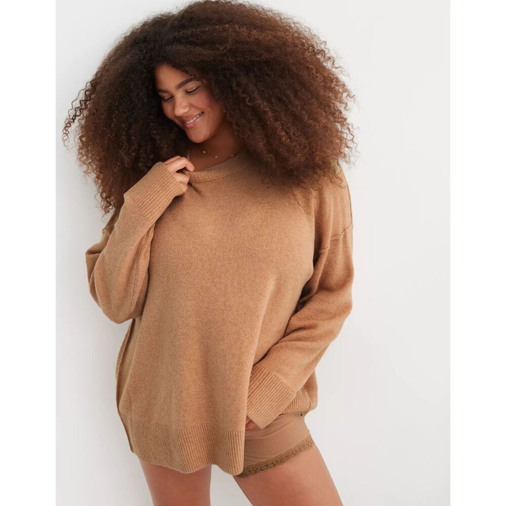 Aerie unREAL Sweater Womens Small Oversized Drop Shoulder Cozy Fisherman Carmel